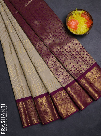 Beige & Purple Semi Kanchipuram Silk - Korvai