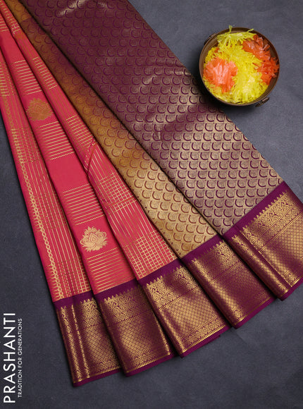 Peach Pink & Purple Semi Kanchipuram Silk - Korvai