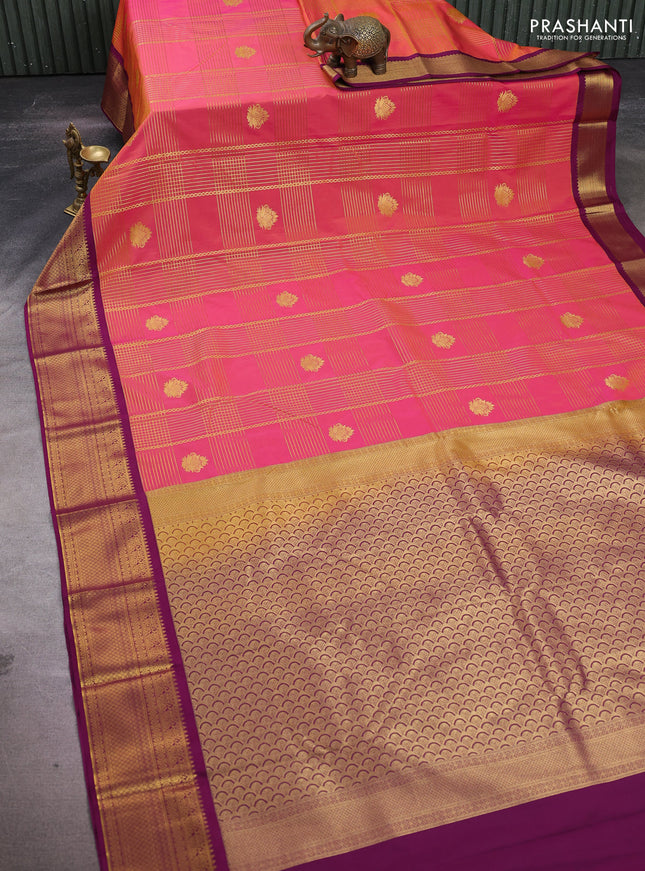 Peach Pink & Purple Semi Kanchipuram Silk - Korvai