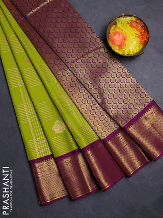 Lime Green & Purple Semi Kanchipuram Silk - Korvai
