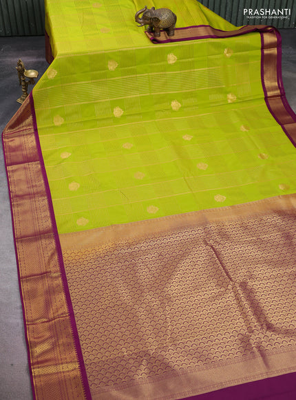 Lime Green & Purple Semi Kanchipuram Silk - Korvai