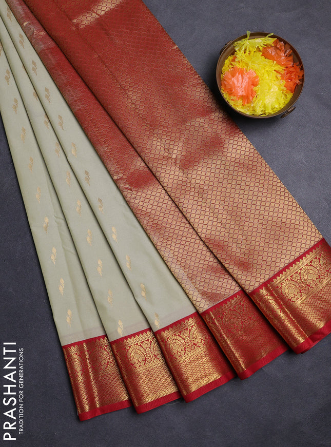 Pastel Green & Red Semi Kanchipuram Silk - Korvai