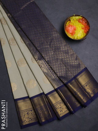 Pastel Green & Navy Blue Semi Kanchipuram Silk - Korvai