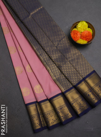 Peach Pink & Navy Blue Semi Kanchipuram Silk - Korvai
