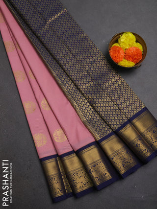 Peach Pink & Navy Blue Semi Kanchipuram Silk - Korvai