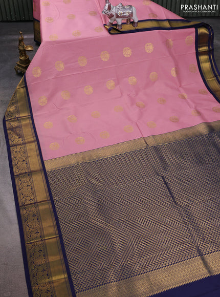Peach Pink & Navy Blue Semi Kanchipuram Silk - Korvai
