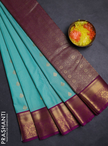 Teal Green & Magenta Pink Semi Kanchipuram Silk - Korvai
