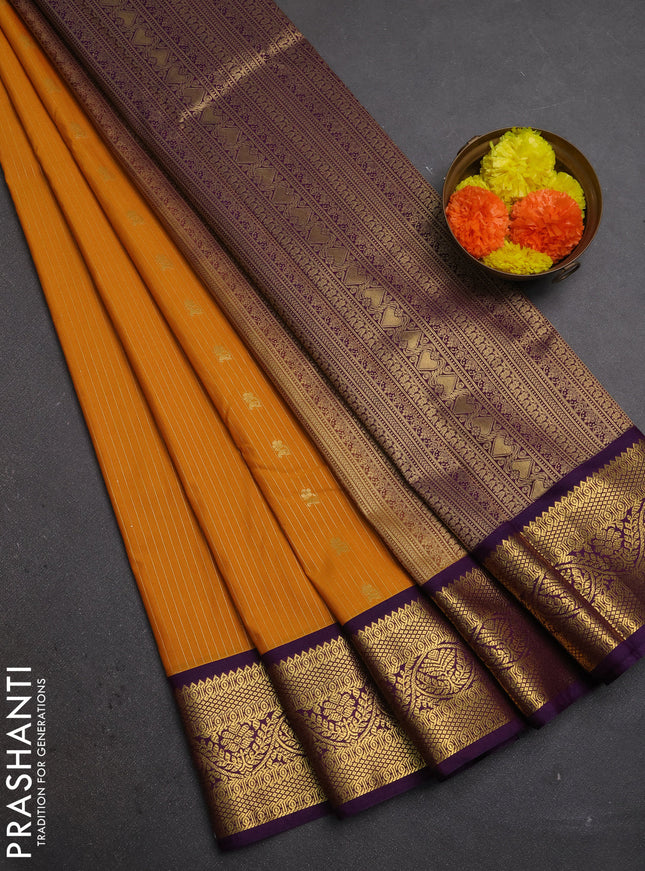 Mustard Yellow & Purple Semi Kanchipuram Silk - Korvai