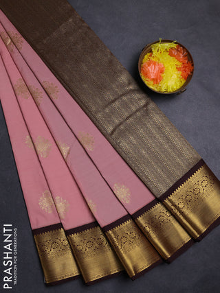 Peach Pink & Coffee Brown Semi Kanchipuram Silk - Korvai