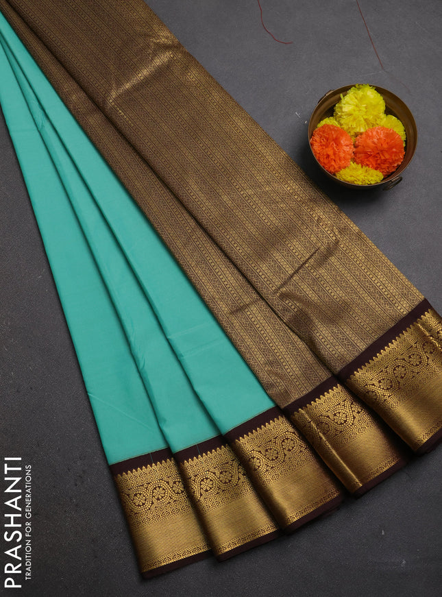 Teal Green & Coffee Brown Semi Kanchipuram Silk - Korvai