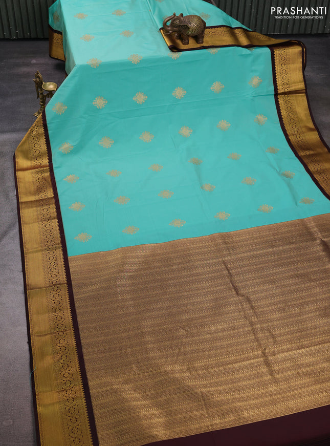 Teal Green & Coffee Brown Semi Kanchipuram Silk - Korvai