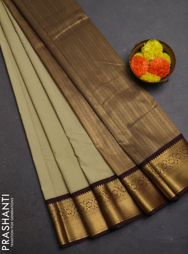 Pista Green & Coffee Brown Semi Kanchipuram Silk - Korvai