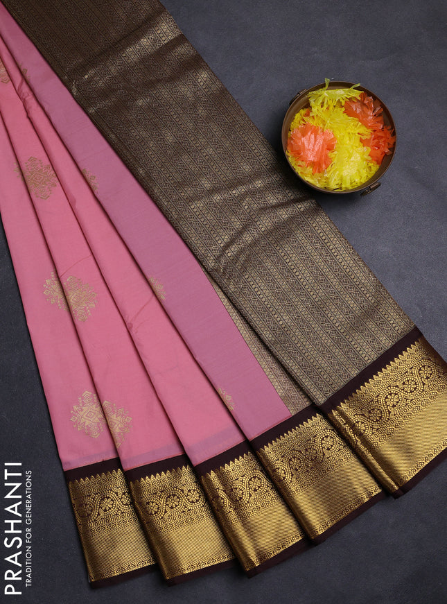 Peach Pink & Maroon Semi Kanchipuram Silk - Korvai