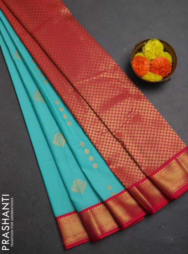 Teal Blue & Pink Semi Kanchipuram Silk - Korvai