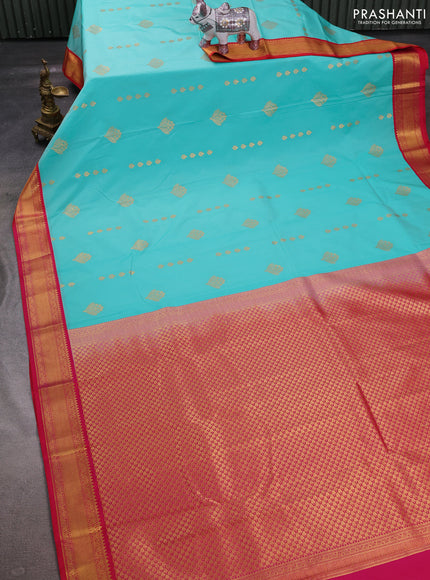 Teal Blue & Pink Semi Kanchipuram Silk - Korvai