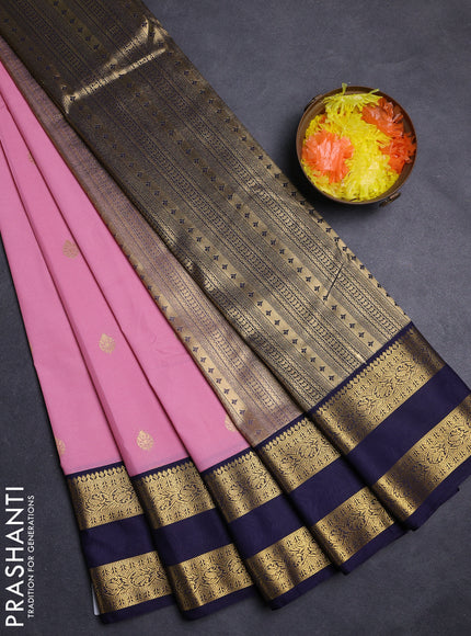 Peach Pink & Navy Blue Semi Kanchipuram Silk - Korvai