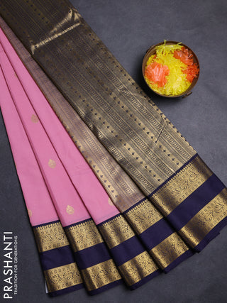 Peach Pink & Navy Blue Semi Kanchipuram Silk - Korvai