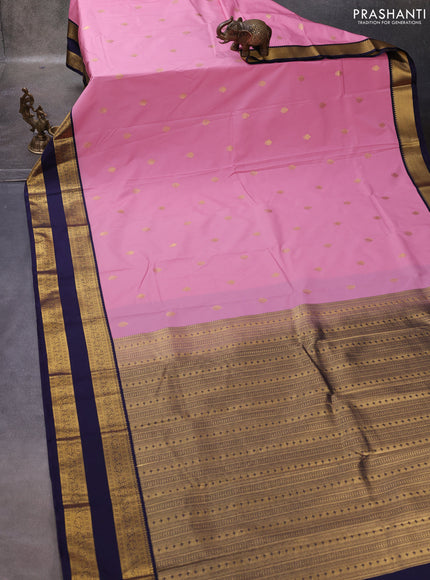 Peach Pink & Navy Blue Semi Kanchipuram Silk - Korvai