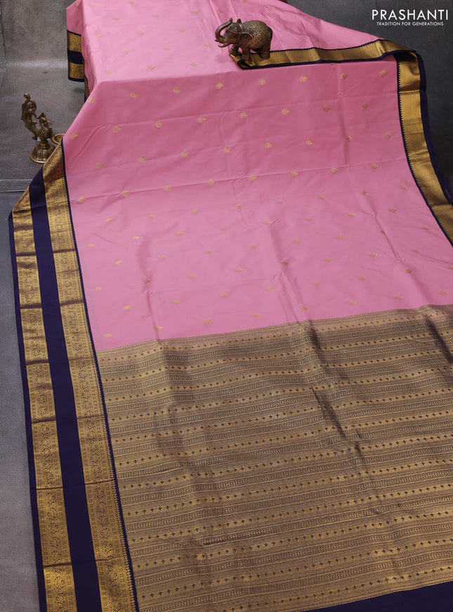 Pink & Navy Blue Semi Kanchipuram Silk - Korvai