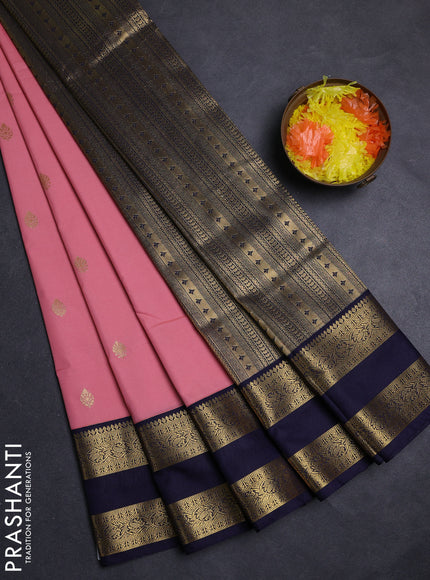 Peach  & Navy Blue Semi Kanchipuram Silk - Korvai