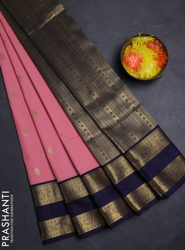 Peach  & Navy Blue Semi Kanchipuram Silk - Korvai