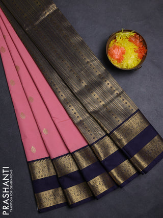 Peach  & Navy Blue Semi Kanchipuram Silk - Korvai