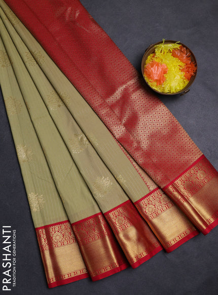 Pastel Green & Red Semi Kanchipuram Silk - Korvai