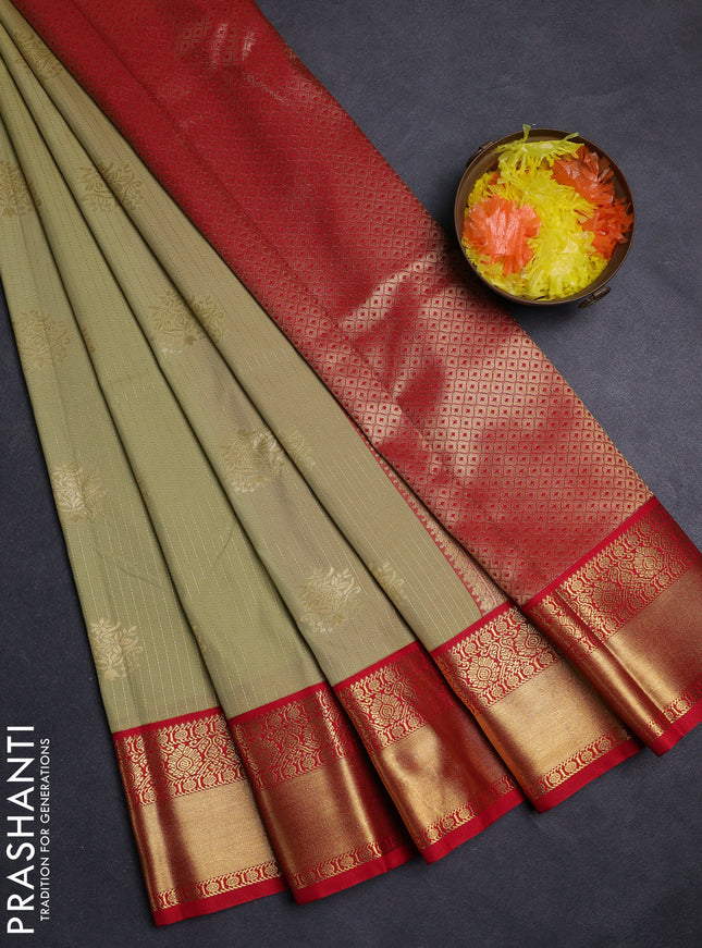 Pastel Green & Red Semi Kanchipuram Silk - Korvai