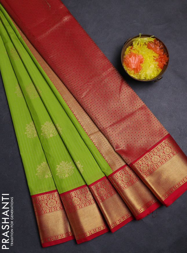 Lime Green & Red Semi Kanchipuram Silk - Korvai
