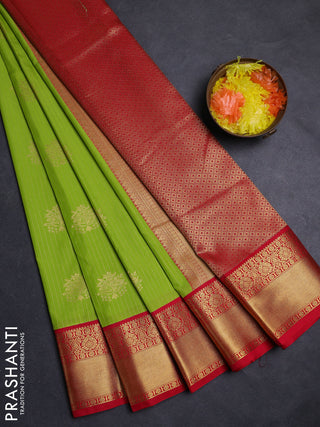 Lime Green & Red Semi Kanchipuram Silk - Korvai
