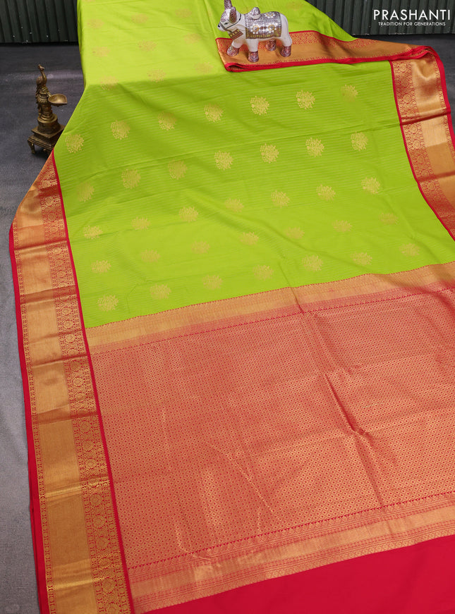 Lime Green & Red Semi Kanchipuram Silk - Korvai
