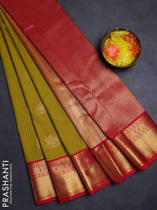 Lime Green & Red Semi Kanchipuram Silk - Korvai