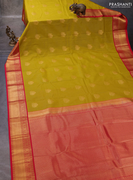 Lime Green & Red Semi Kanchipuram Silk - Korvai