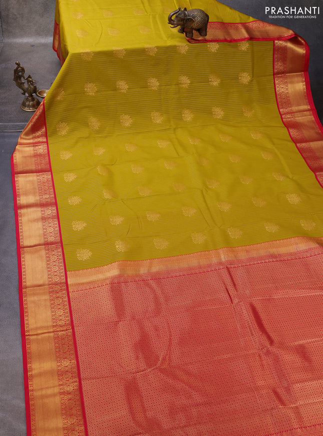Lime Green & Red Semi Kanchipuram Silk - Korvai