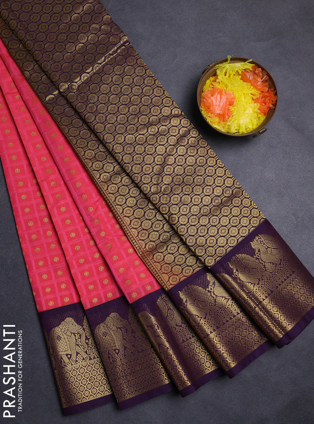 Peach Pink & Violet Semi Kanchipuram Silk - Korvai