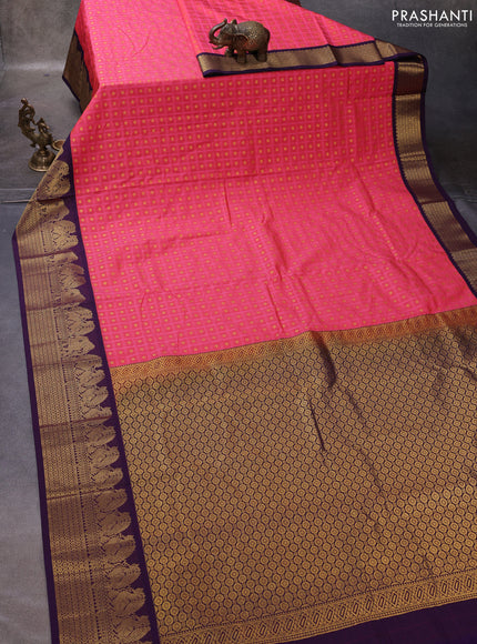 Peach Pink & Violet Semi Kanchipuram Silk - Korvai