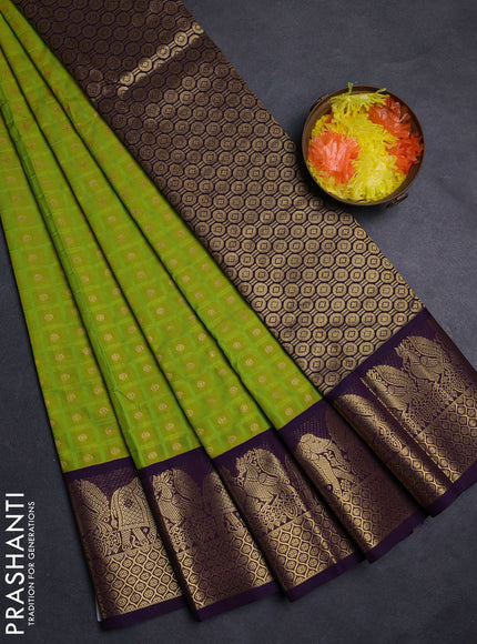 Lime Green & Purple Semi Kanchipuram Silk - Korvai