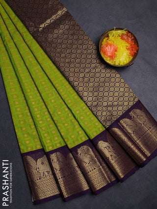 Lime Green & Purple Semi Kanchipuram Silk - Korvai