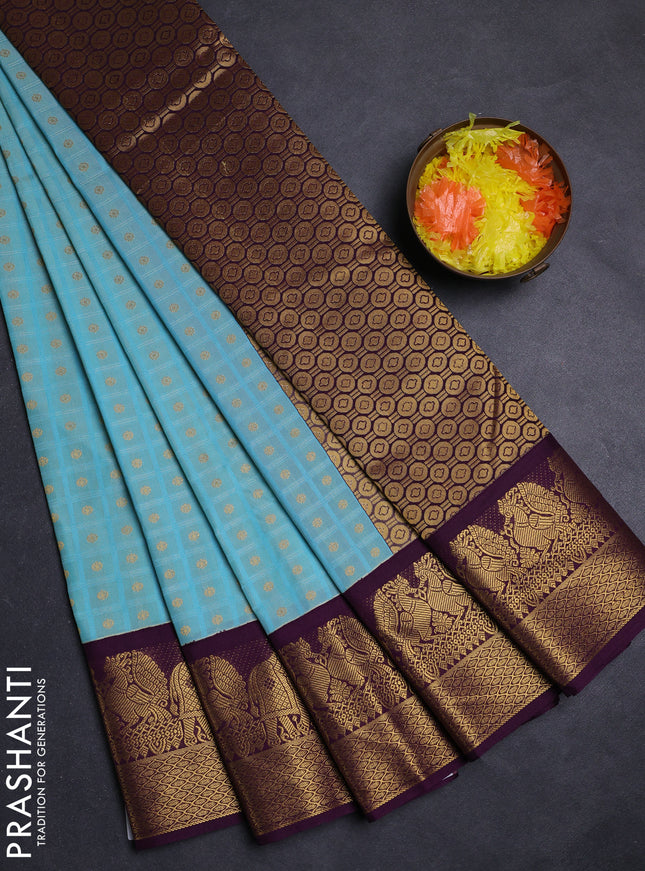 Sky Blue & Purple Semi Kanchipuram Silk - Korvai