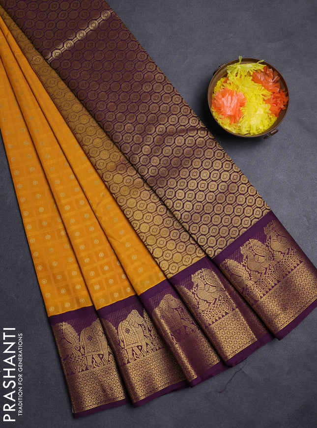 Mustard Yellow & Purple Semi Kanchipuram Silk - Korvai