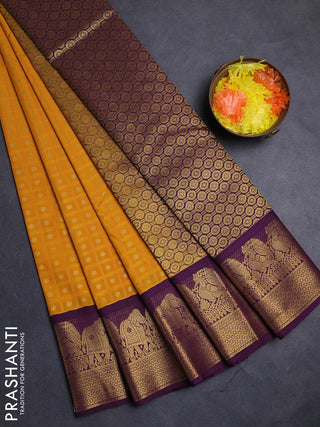 Mustard Yellow & Purple Semi Kanchipuram Silk - Korvai