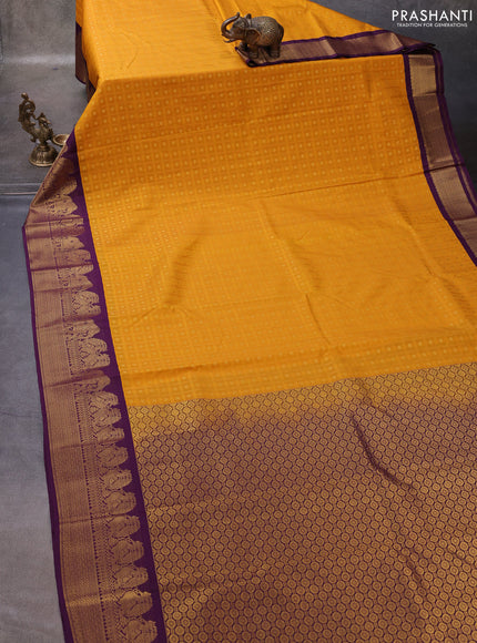 Mustard Yellow & Purple Semi Kanchipuram Silk - Korvai