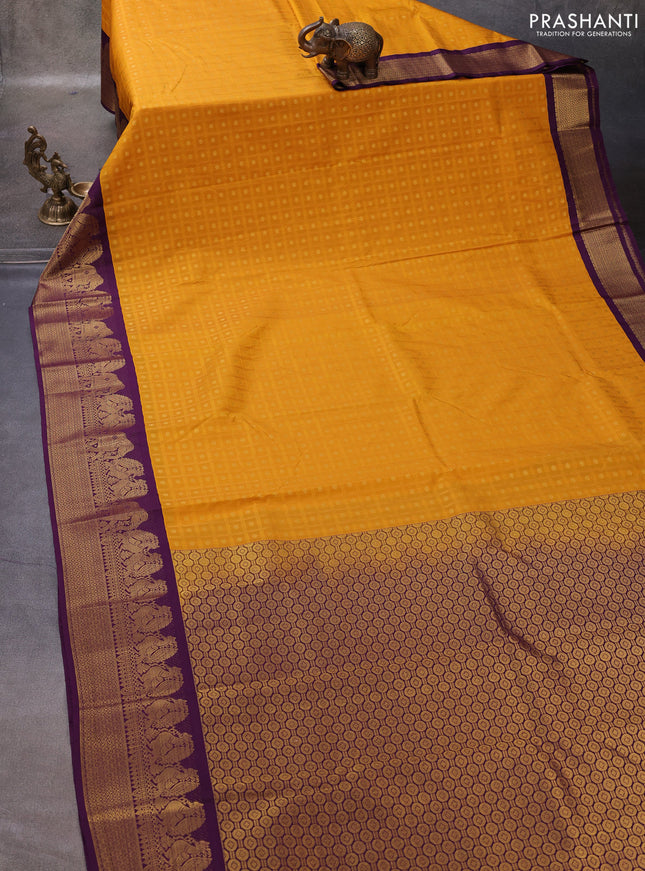 Mustard Yellow & Purple Semi Kanchipuram Silk - Korvai