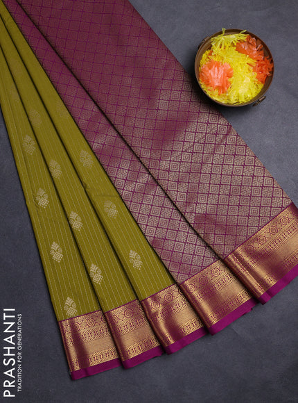 Mehendi Green & Magenta Pink Semi Kanchipuram Silk - Korvai