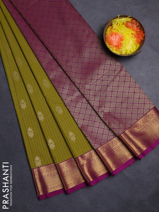 Mehendi Green & Magenta Pink Semi Kanchipuram Silk - Korvai