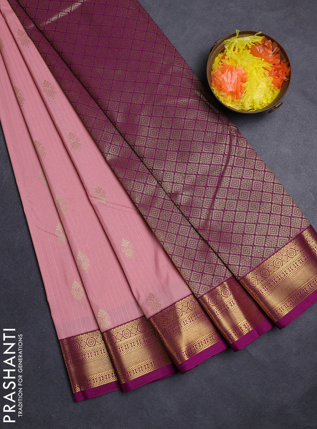 Peach Pink & Magenta Pink Semi Kanchipuram Silk - Korvai