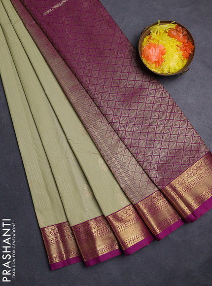 Pastel Green & Magenta Pink Semi Kanchipuram Silk - Korvai