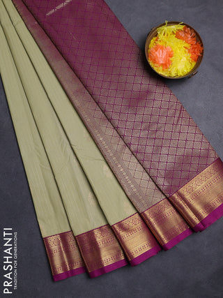 Pastel Green & Magenta Pink Semi Kanchipuram Silk - Korvai
