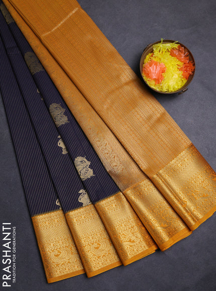 Navy Blue & Yellow Semi Kanchipuram Silk - Korvai