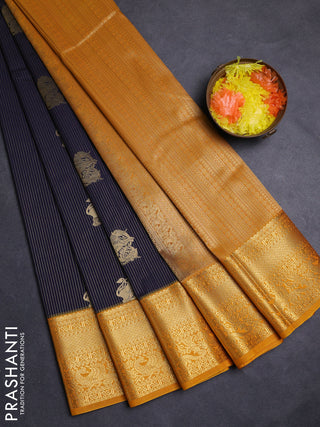 Navy Blue & Yellow Semi Kanchipuram Silk - Korvai